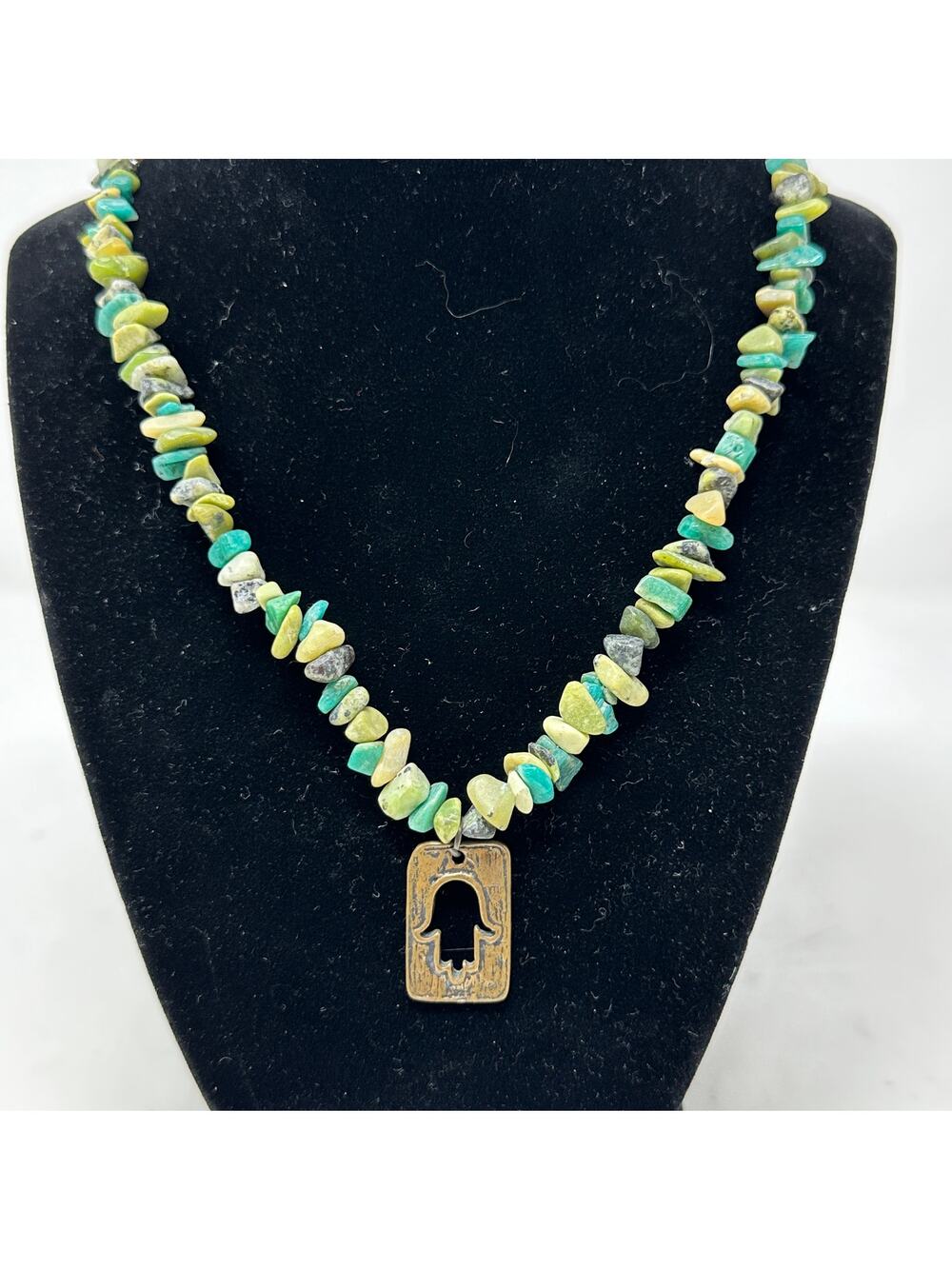 Unbranded Boho Necklace With Chip Style Stone Beads + Gold Tone Hamsa Pendant